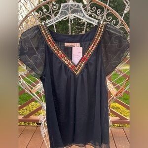 DKNY Black And Gold Sequin Blouse Sz L